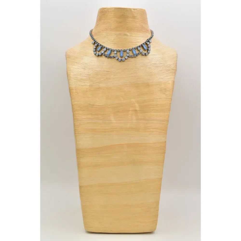 Vintage Crystal Collar Necklace Cabochon Blue Prong Rhinestone Silver 60s Bin3D